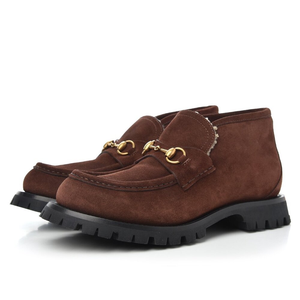GUCCI BOOTS MENS SHEARLING LINED SUEDE HORSEBIT LOAFER SHOES BEE - Picture 2 of 16